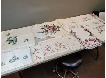 Lot Of 13 Vintage Embroidered & Needlepoint Stitched Estate Linens