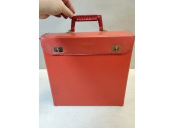 Vintage Portable 12' Record Case, Red Vinyl, 12.75' X 4.5' X 13'h With Handle Down, Mid-Century Plastic Handle
