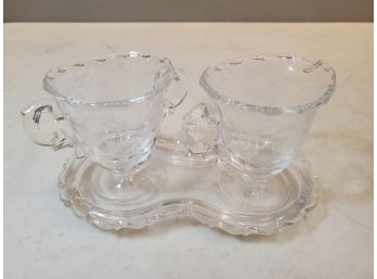 Crystal Cream & Sugar Set With Underplate Holder, Etched Floral Pattern, Clear