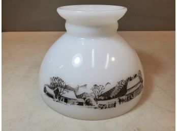Currier & Ives White Milk Glass Oil Kerosene Lamp Shade, 8' Fitter X 5.5'H, Horses Barns