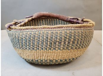 West African Type Sweetgrass Market Gathering Basket, Green & Purple, Leather Covered Handle, 18.5' X 13' X 8'
