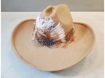 Doeskin Felt Cowboy Hat, Tan With Feather Band, 100 Wool, Geo. W. Bollman & Co USA, 22' Inside Circumference