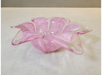 Art Glass Flower Dish, Pink & White On Clear, Unmarked (Murano?), 6.25'd Max X 2'h