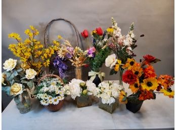 Lot Of Artificial Flower Arrangements In Vases & Baskets, Up To 29' Tall Overall