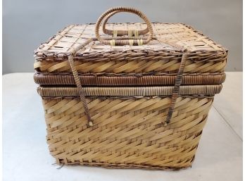 Woven Bamboo Picnic Basket With Red Checkered Cloth Interior, Hinged Lid, 13' X 11' X 11' Excluding  Handles