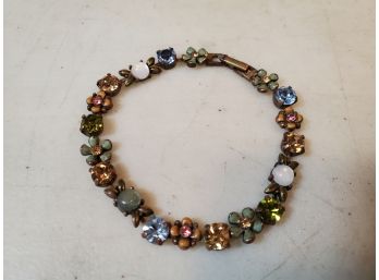 Antique Bracelet Of Multi-Colored Rhinestones, And Green & Caramel Enamel Flowers Plus Luminous Stones, 7.5'l