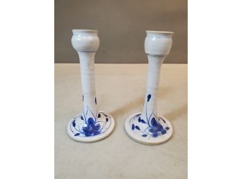 Pair Anna Fadeley Brattleboro Vermont Pottery Candle Sticks, Blue Floral & Gray, Signed 6.25'H X 3.5'D