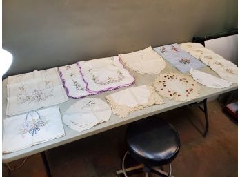 Lot Of 15 Vintage Embroidered & Needlepoint Stitched Estate Linens