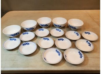 Lot Of 5 Soup Bowls & 12 Sauce Dishes, Blue Berry Pattern On White China, For Oriental Cuisine
