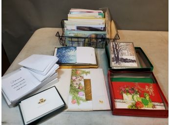 Lot Of Greeting & Note Cards, Vintage & Modern, Unused, Including 205 Pieces In The Basket Shown