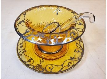 Vintage Sterling Silver Overly Amber Swirl Glass Compote, Underplate & Dipper Ladle