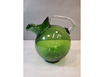 Green Glass Water Pitcher With Clear Handle, 9'h X 9.5' X 6.5'
