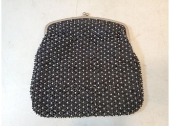 Vintage Corde'-Bead Beaded Clutch Purse, Black Beads & Clear Rhinestones On Black With Silver, 9'w X 9.75'h