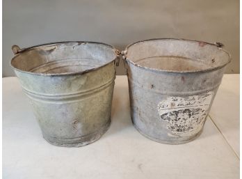 2 Vintage Galvanized Tin Buckets With Bail Handles, 10.5'd X 9'h Each