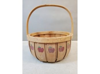 Apple Picking Basket, Wood Splint With Painted Decoration, 10'd X 5'h, 11'h With Handle Up