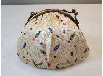 Vintage Pouch Handbag Clutch Purse With Loop Chain, Gold Green Red Blue Leaf Pattern Embroidery 5'w X 4'h X 3'