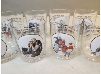 Set Of 8 Norman Rockwell Saturday Evening Post Drinking Glasses, Rocks Old Fashioned, 3-3/8'd X 4'h