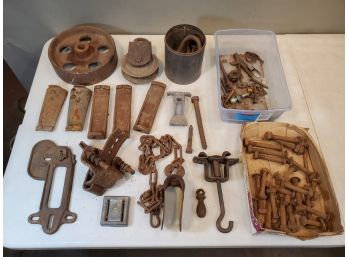 Lot Of Iron Barn Find Hardware To Repurpose Reuse, Sheave Pulley Nuts Bolts Screws Brackets Legs Hooks