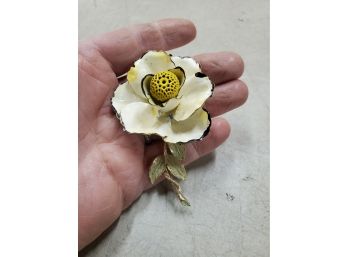 Vintage Enamel Flower Brooch Pin, White Yellow Black Green Gold, 3.5' X 2.25' X 1.5'