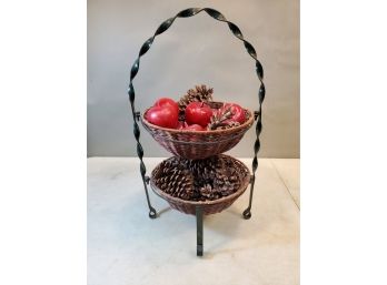 2 Baskets In 2-Tier Iron Stand With Red Wooden Apples & Pine Cones, 23'h X 14' X 13'