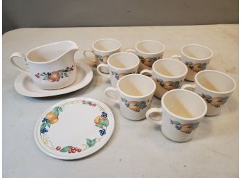 Set Of Corning Ware Abundance China, Fruit Pattern, 8 Coffee Mugs, Gravy Boat With Underplate, Trivet