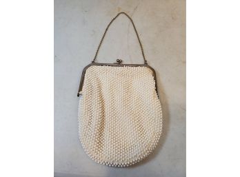 Vintage Beaded Clutch Purse With Chain, White On Off White, 6'w X 8'h