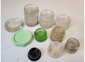 Lot Of 24 Vintage Glass & 1 Ceramic Furniture Caster Cup Coasters, Clear Green Black, Anchor Hocking, 2'-3.5'