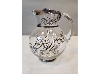 Vintage Sterling Silver Overlay Water Pitcher, Roses, 8.5H X 8' X 6'