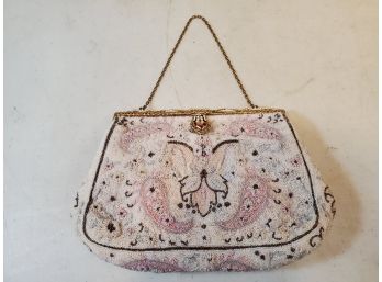 Vintage Ed B. Robinson French Beaded Clutch Purse, Pink On White Paisley, Enamel & Gold Decor, Coin Purse