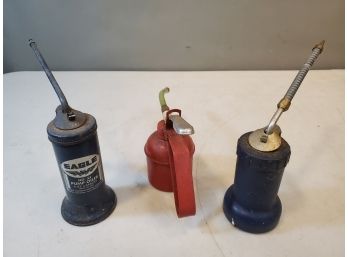 Lot Of 3 Oil Cans Pump Oilers, Eagle No.33 6oz Cap. Metal, 150G Metal, Eagle 58F Plastic
