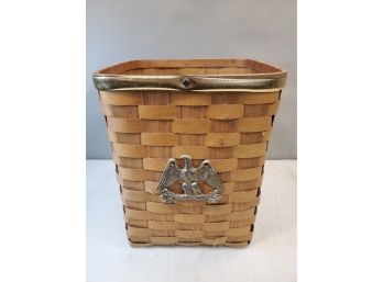 Tall Oak Splint Hearth Basket With American Federal Eagle, Brass Banded, 13.5' Square X 15'h, Birch Logs