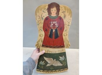 Hand Painted Peace Angel On Pine Wood, 21.5'h X 10.75'w