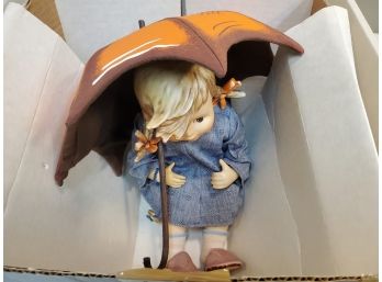 1988 Goebel Hummel Umbrella Girl Porcelain Doll In Box, 11'H Soft Body, Umbrella Stand