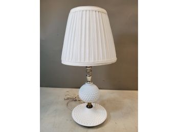 Vintage Hobnail White Milk Glass Bedside Table Lamp, Pleated Hardback Shade, 17'h X 8'd