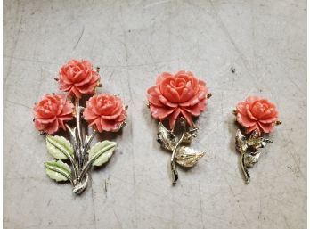 Set Of 3 Rose Colored Rose Brooch Pins, The Large Marked JJ, Up To 2.25'H