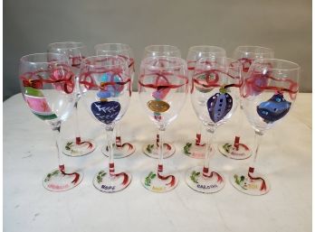 Set Of 10 Hand Painted Christmas Good Will Message Wine Glasses, 9'h X 3'd