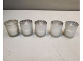 Set Of 5 Tea Light Candle Holders With LED Candles, Hope Love Cherish Peace Joy, Frosted Silver Snowflake