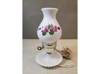 Vintage White Milk Glass Hurricane Lamp, Beaded Edges, Hand Painted Purple Wildflowers, 11'h X 6'd