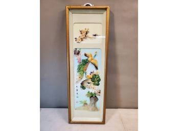 Peacock Chinese Carved Shell 3D Wall Art, Mother Of Pearl, Shadow Box Frame, Signed, 29.5x10
