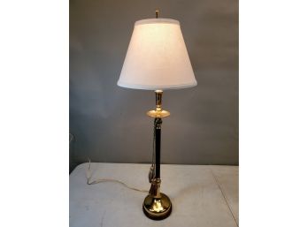Buffet Table Lamp, Green Marble Finish & Polished Brass, Hard Back Linen Shade, 34'h X 12'd, Working