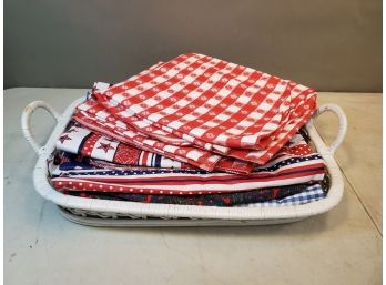 Lot Of Picnic & Patriotic Table Cloths & White Wicker 2-Handle Serving Tray (24'L X 16'w)