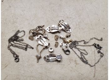 Lot Of Sterling Silver Jewelry Parts, Clasps, Clamps, Chains, Backings, Etc., 13.3 Grams