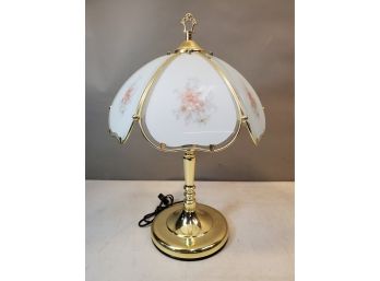 Classic Touch Lamp With Floral Pattern Glass Panels, 20'H X 14'D, Touch Any Metal Part To Get 3 Light Levels