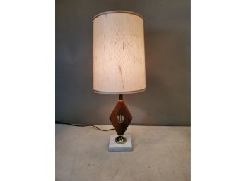 Vintage Mid Century Modern Table Lamp, Teak Diamond, White Marble Base, Hardback Linen Shade, 19.75'h X 8'd