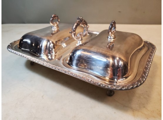Silver On Copper 2 Compartment Covered Condiment Sauce Dish, Hallmarked, 11' X 8' X 4.5'h