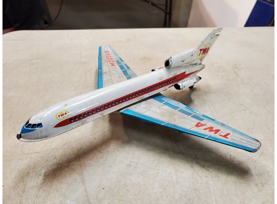 Vintage TWA Boeing 727 Jet Airplane Friction Tin Toy, Japan, 11.5'l X 11'w X 3.5'h