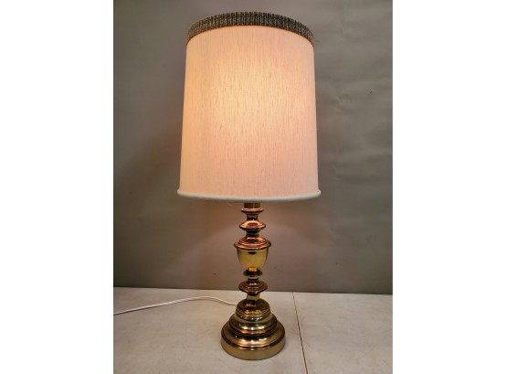 Vintage Brass Table Lamp With Banded Hardback Linen Shade, 14'd X 32'h
