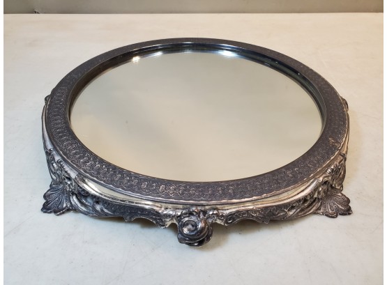 Vintage Castilian Imports India Footed Vanity Mirror Tray, Silver Plated & Lacquered, 15'd X 1.75'h