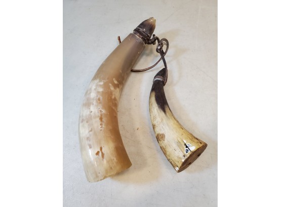 2 Antique Black Powder Horns, Steer Horns Wood & Leather, 9.5'L & 6.5'l