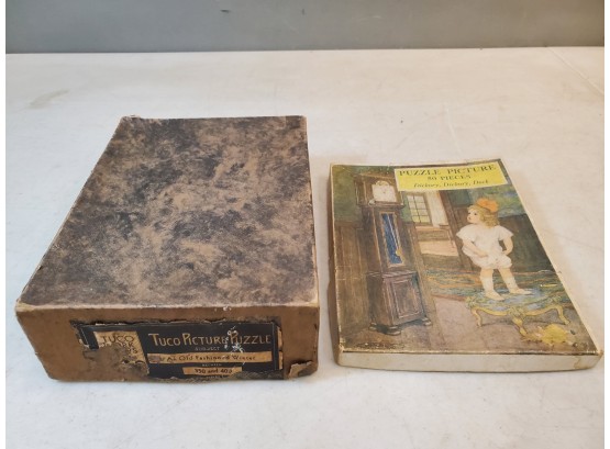 2 Antique Picture Puzzles: Tuco An Old Fashioned Winter, Dickory Dickory Dock
